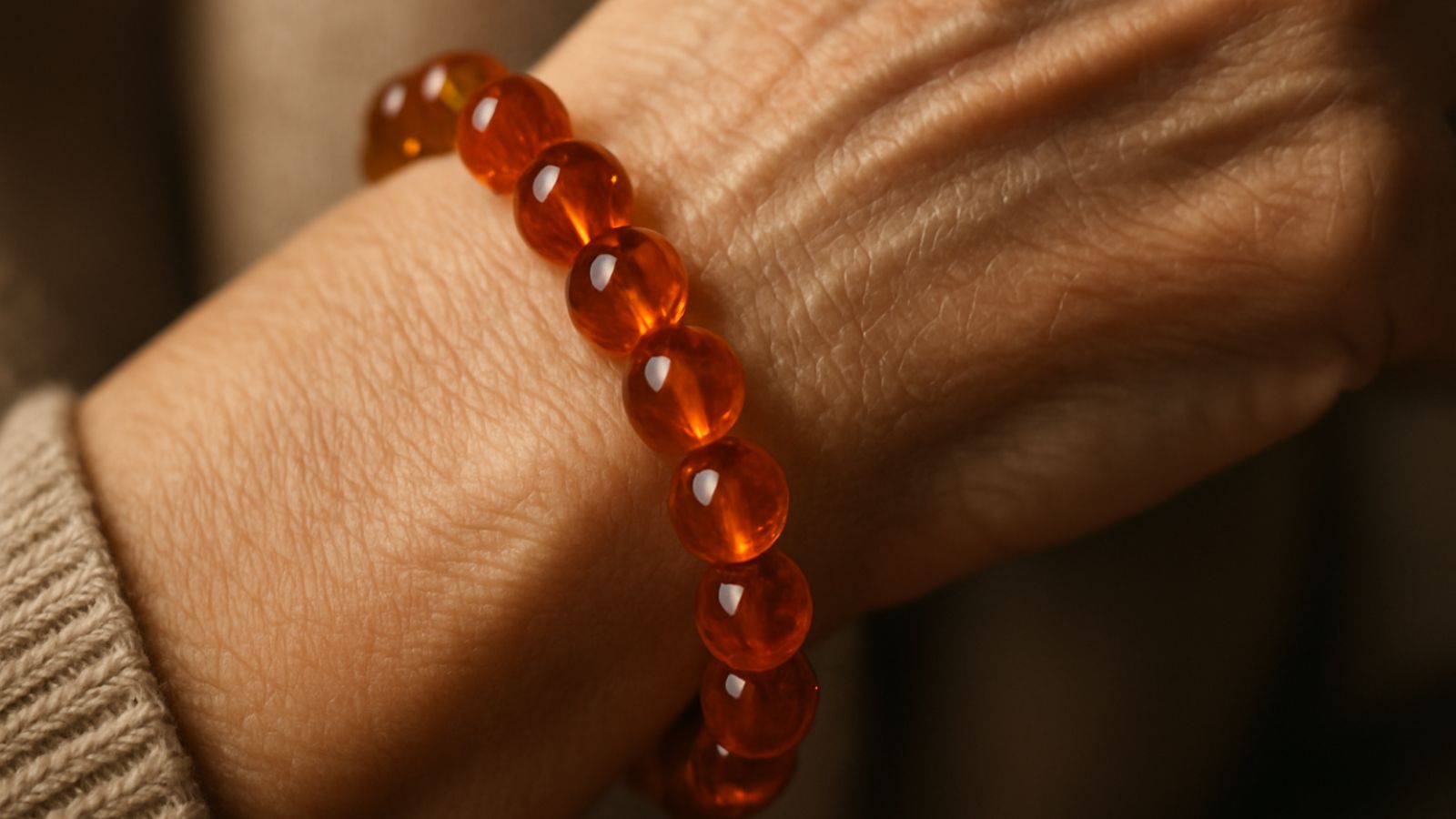 gros plan d'une femme portant un bracelet d'ambre au poignet comme cadeau de 34 ans de mariage