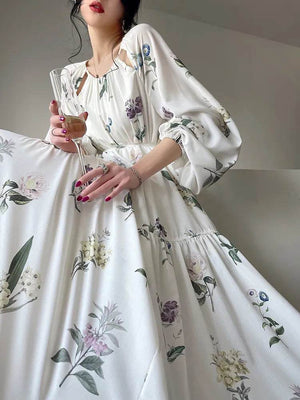 Holiday Midi Dresses for Women 2023 Summer French Fashion Print O Neck Lantern Sleeve Female Clothes Elegant Loose Vintage Dress - Tamnz