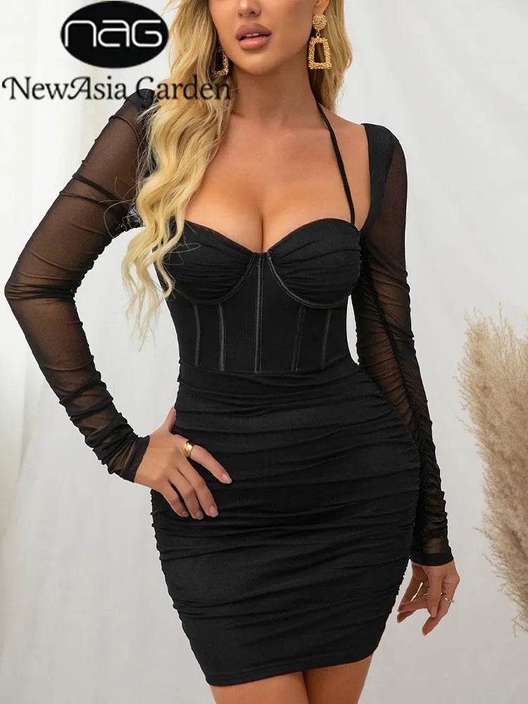 Mesh Halter Dress Boned Long Sleeve Cut Out See Through Ruched Patchwork Bodycon Corset