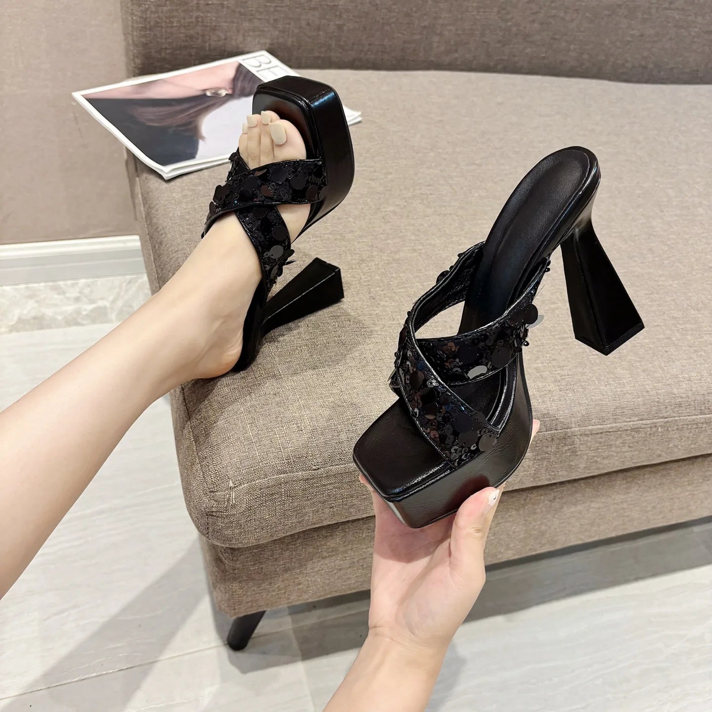 Nontium - Platform Open Toe Band Cross High Heels Slippers
