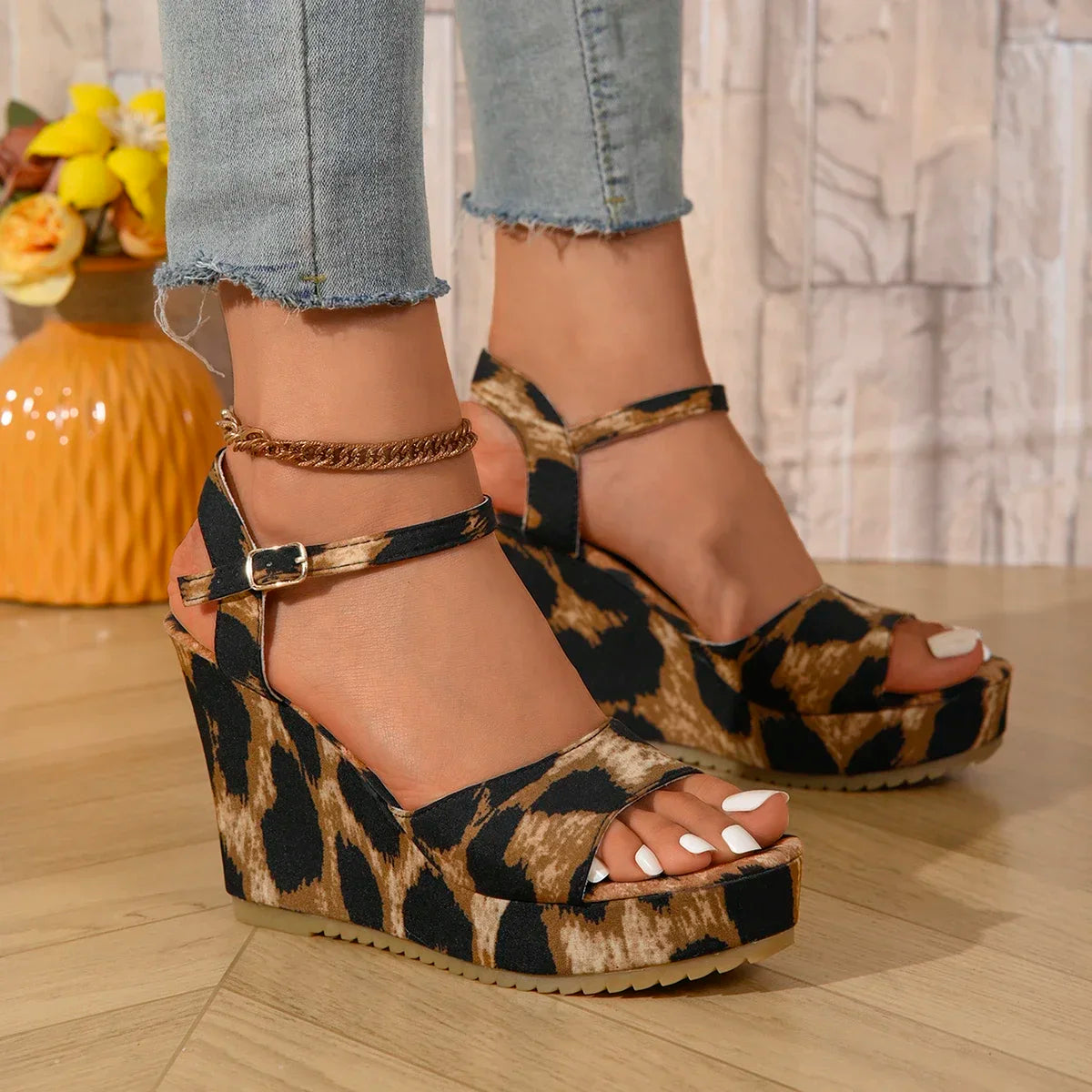 Nontium - Wedges Open Toe Leopard Buckle Strap Platform High Heels Sandals