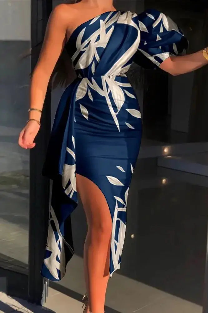 Nontium -Print One Shoulder Puff Sleeve Midi Dress