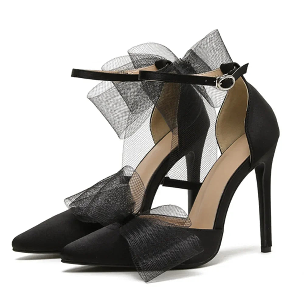 Nontium - Pointed Buckle Hollow Mesh High-Heeled Sandals