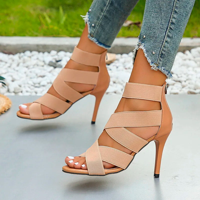 Nontium - Open Toe Elastic Broadband Crossover Zipper High Heel Sandals