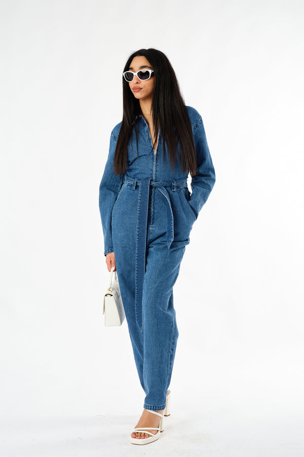 Cropped Denim Jumpsuit with Button Front and Belt – Sugar + Style