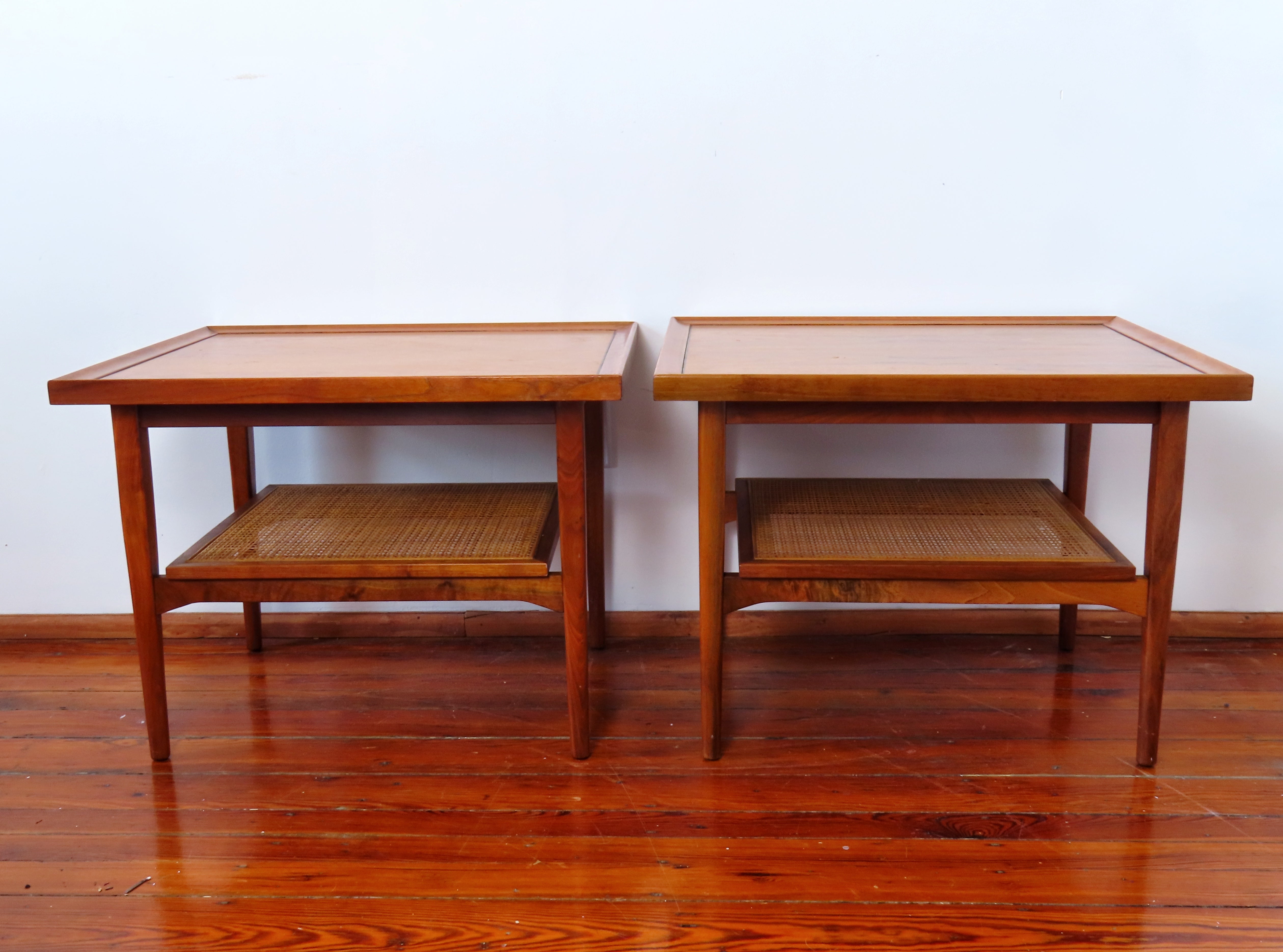 Kipp Stewart for Drexel Declaration - Mid Century Modern Solid Walnut Side Tables - Caning
