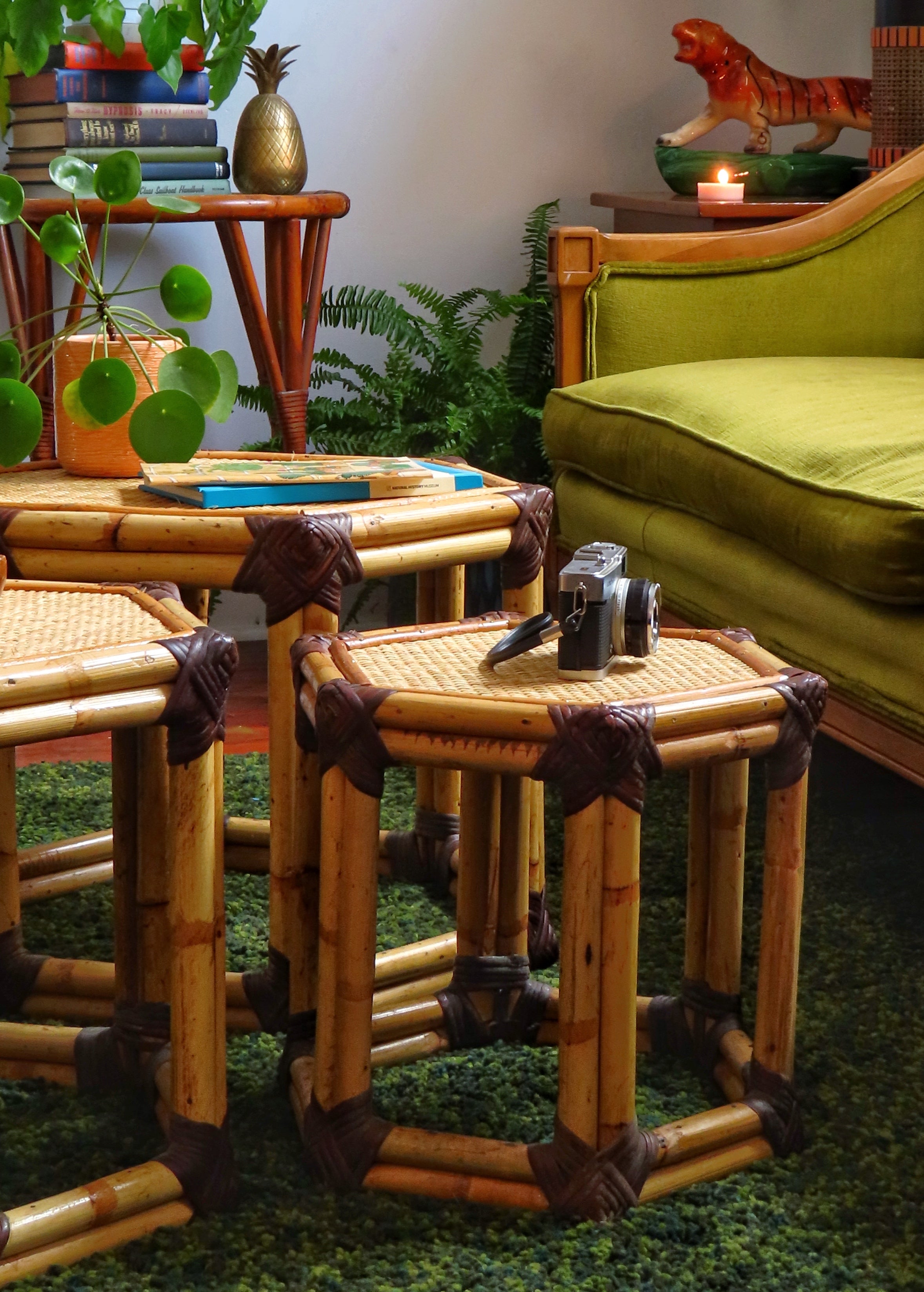 Rattan and Cane Webbing Coastal Nesting Tables - 1960s - Set of 3 - Bohemian Style