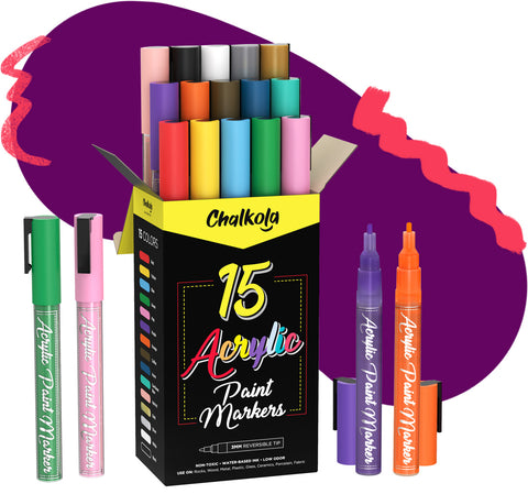 Chalkola Acrylic Paint Pens for Rock Painting, Canvas, Wood, Ceramic, Glass  - Set of 15 Fine Tip Acrylic Paint Markers (3mm), Water Based Non Toxic Ink  - Art Su…