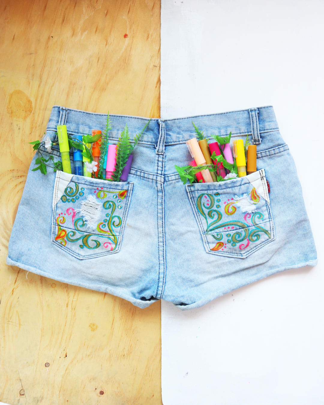 Wearable Acrylic Painting on Denim Shorts