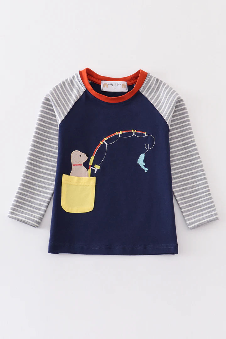 Boy Navy stripe puppy fishing