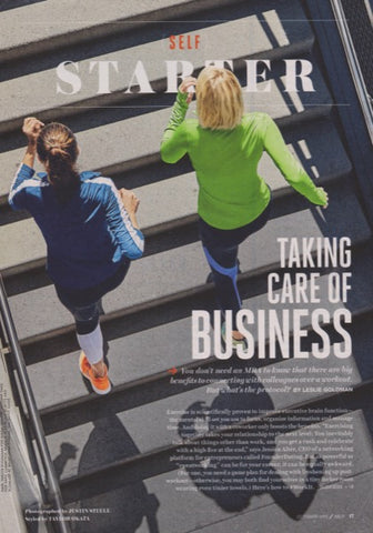 Magazine article featuring two women wearing 925 Fit long sleeve running tops and leggings, walking up steps.