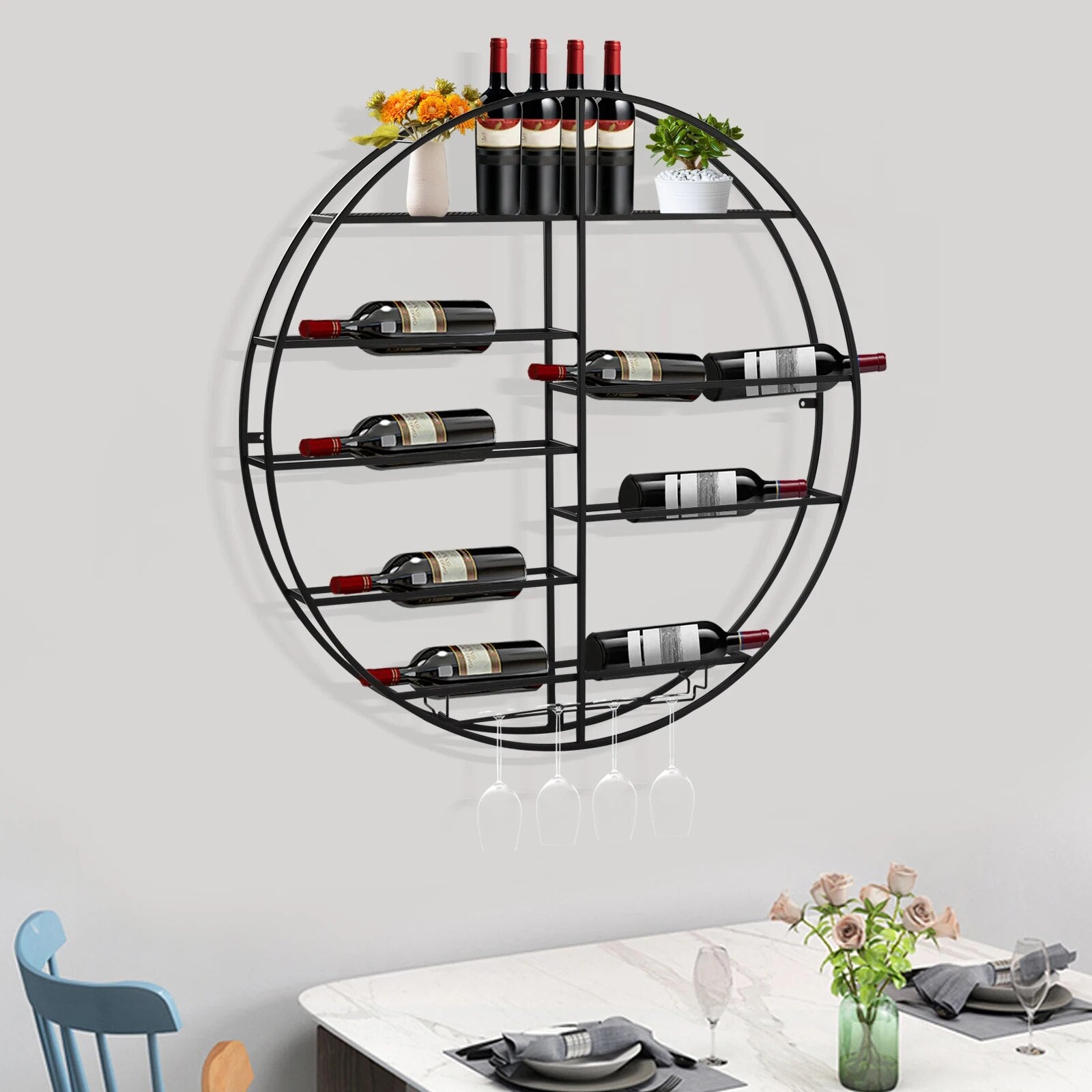 Wall Mounted Wine Bottle Rack with Glass Holder