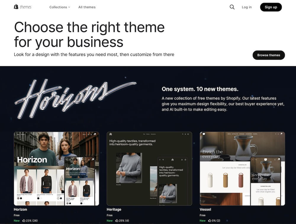 Screenshot of the Shopify theme selection interface, showing available themes and preview options during store setup