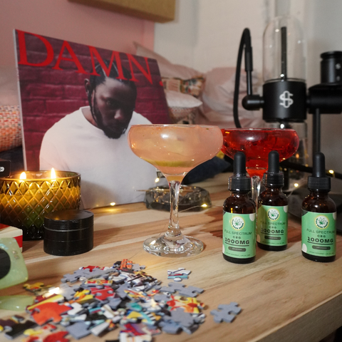 cbg oils, drinks, puzzle pieces, party vibes, cannabis