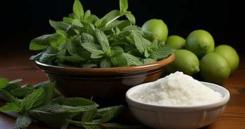 image of stevia leaf and bowl of stevia sugar