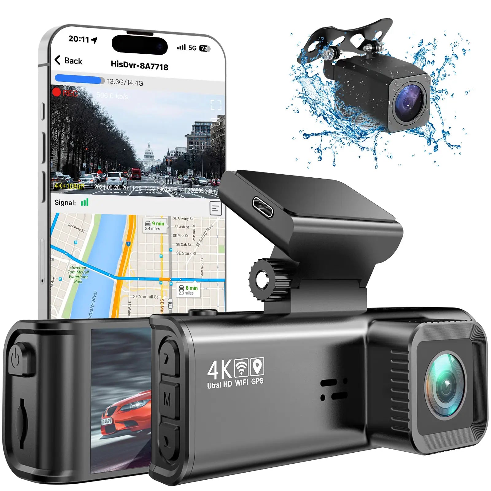 Camera auto 4K, ecran LCD + camera spate 1080P DVR WIFI, Vizionare nocturna, Senzor Sony IMX 335,