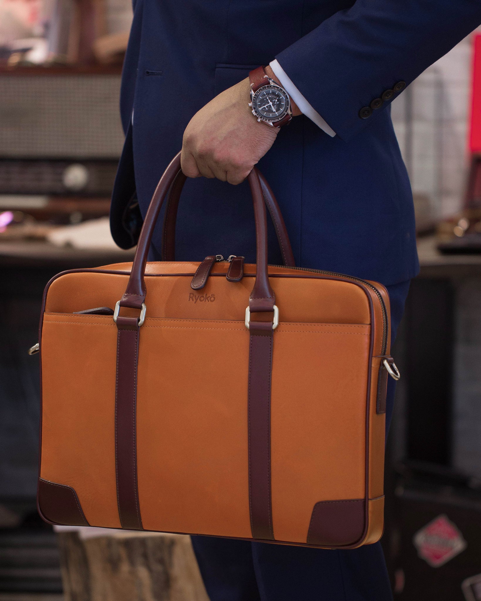 WELLINGTON Laptop Briefcase - Tan & Brown - Ryokō