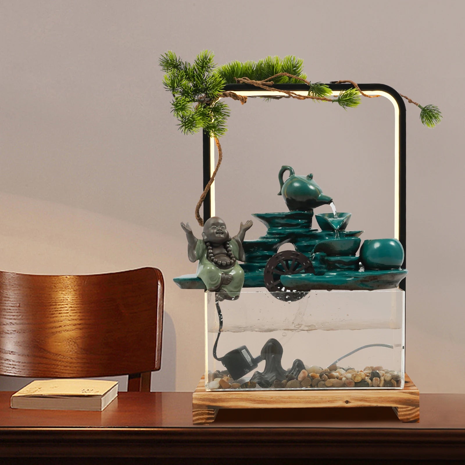Ceramic Tabletop Water Fountains Decorations Green Welcome Pine Fish Tank Flowing Water Ornaments with LED Light 