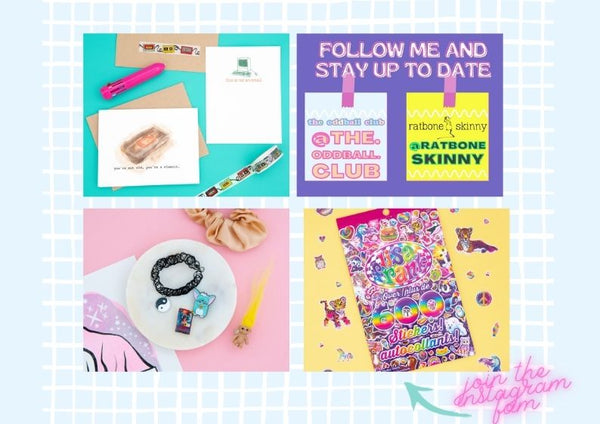 "Join the Fam" with a colorful arrow pointing to a square image featuring four subscription boxes from Ratbone Skinny and The Oddball Club. The first box contains greeting cards and a pen, the second box invites followers to stay up-to-date, the third box is a 90s-inspired box with a Troll ring, Furby pin, Yin Yang stretch necklace, and Freddy Kruger Nightmare on Elm Street pin, and the fourth box is a Lisa Frank sticker book.