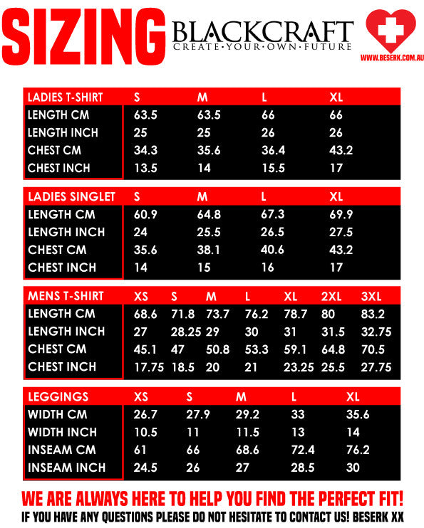 Blackcraft Size Chart