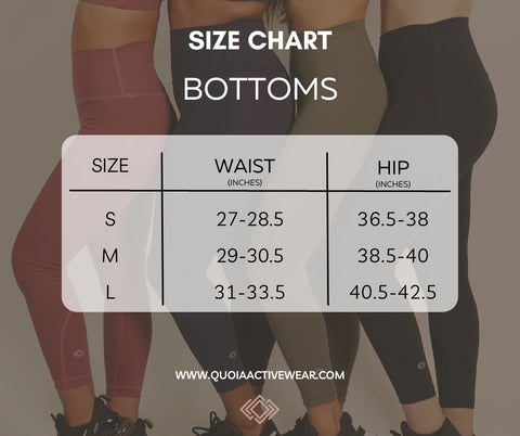 Workout bottoms size guide for Quoia Activewear