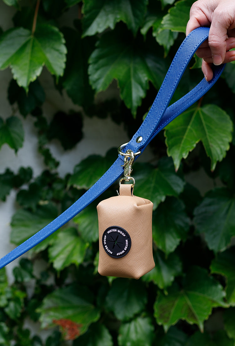 Mister Woof's Leather Tan Poop Bag Holder has been styled with the Cobalt Blue Leather Pet Lead. Shop Pet Products Australia