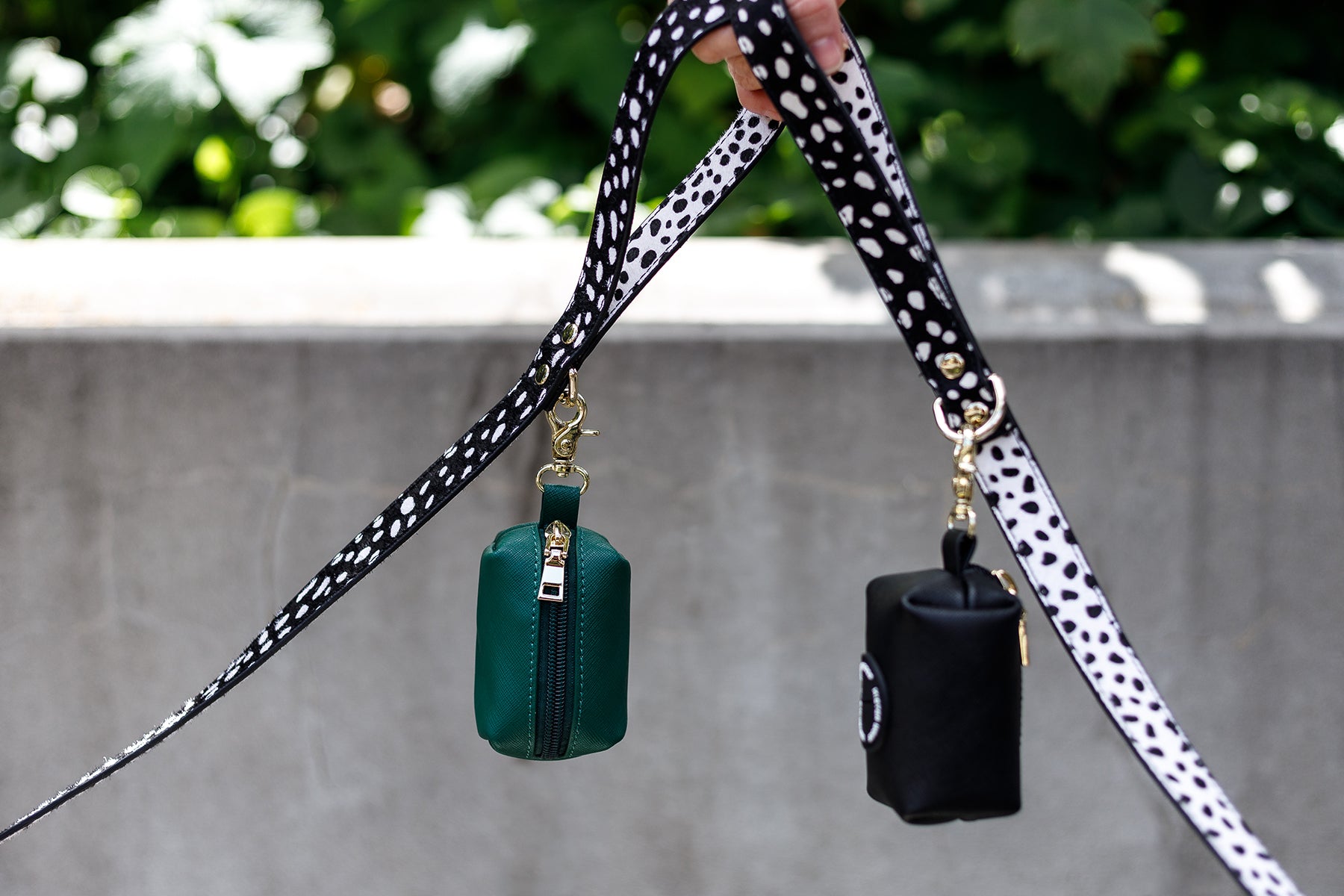 Mister Woof's Polka Dot Pet Leash pairs back perfectly with Mr Woof's Poo Bag Holder. Shop the leather pet collection.