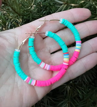 Aqua Pink Rainbow Heishi Hoops