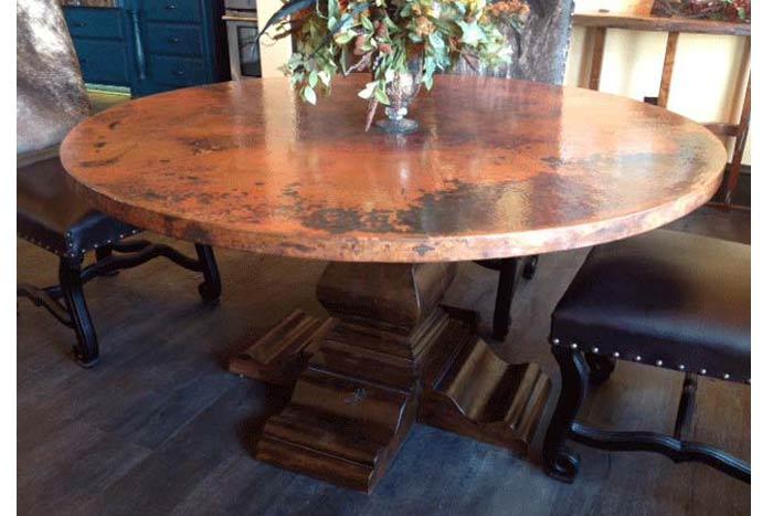copper top round pedestal kitchen table with round base