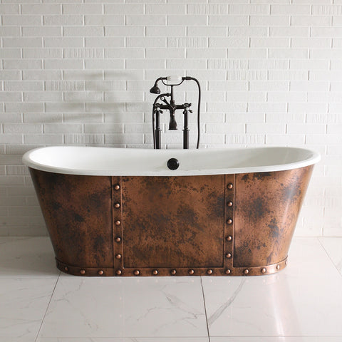 lavish copper tub with rivets and rings for a bathroom