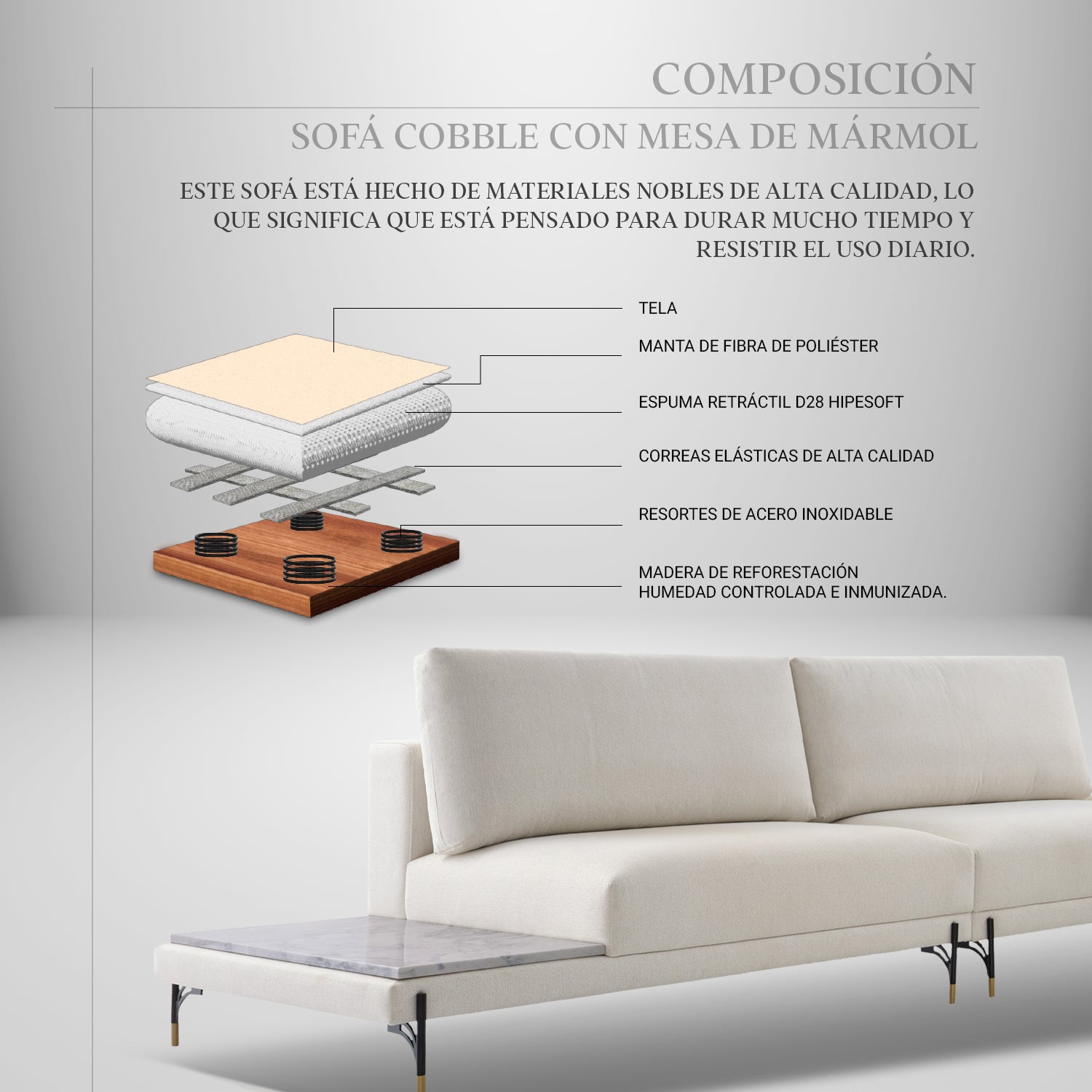 sofá cobble con mesa de mármol