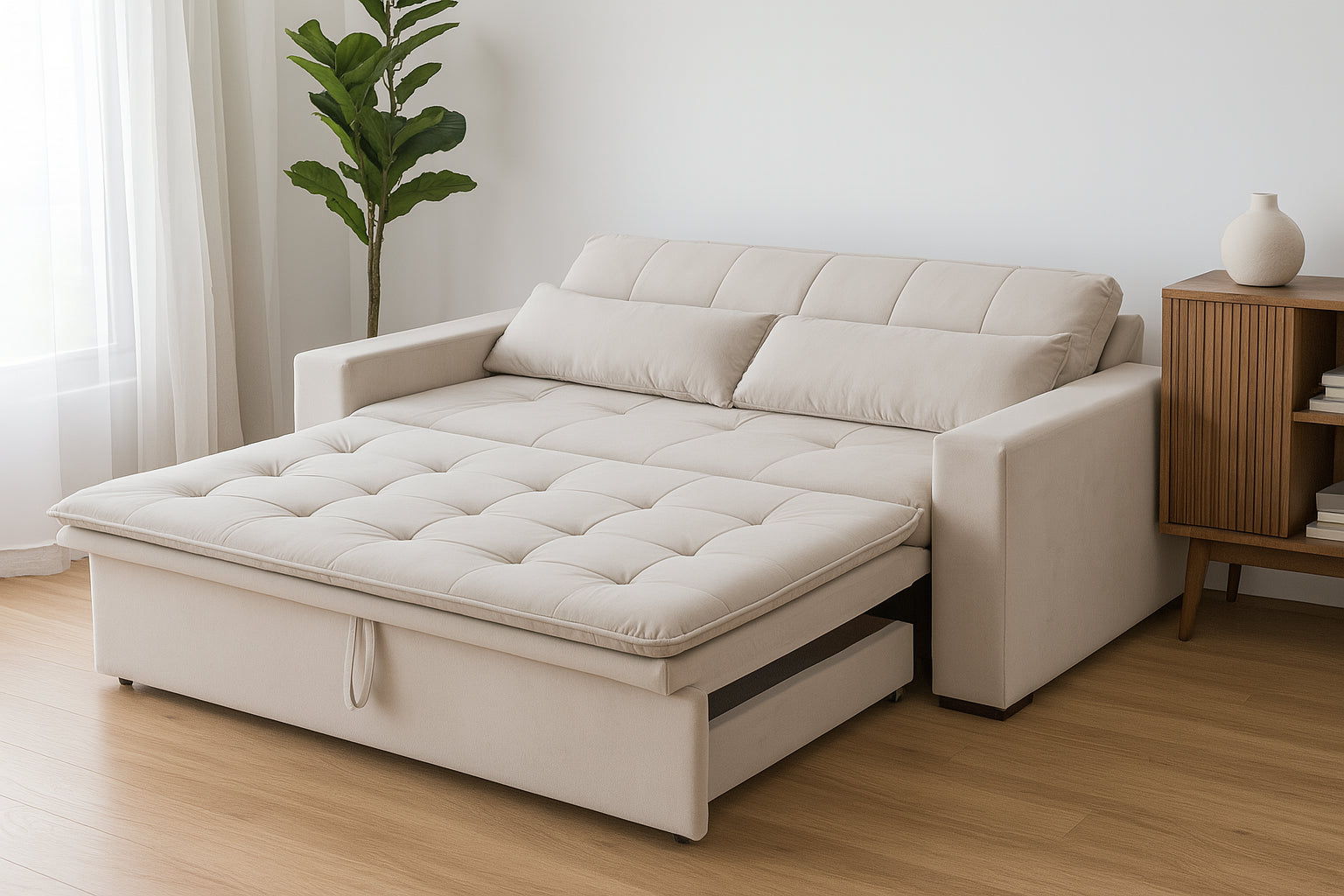 Sofá cama Londres abierto y elegante para home office o sala multifuncional. Sofá cama beige claro en sala moderna con planta alta, mueble de madera y cortinas blancas translúcidas.