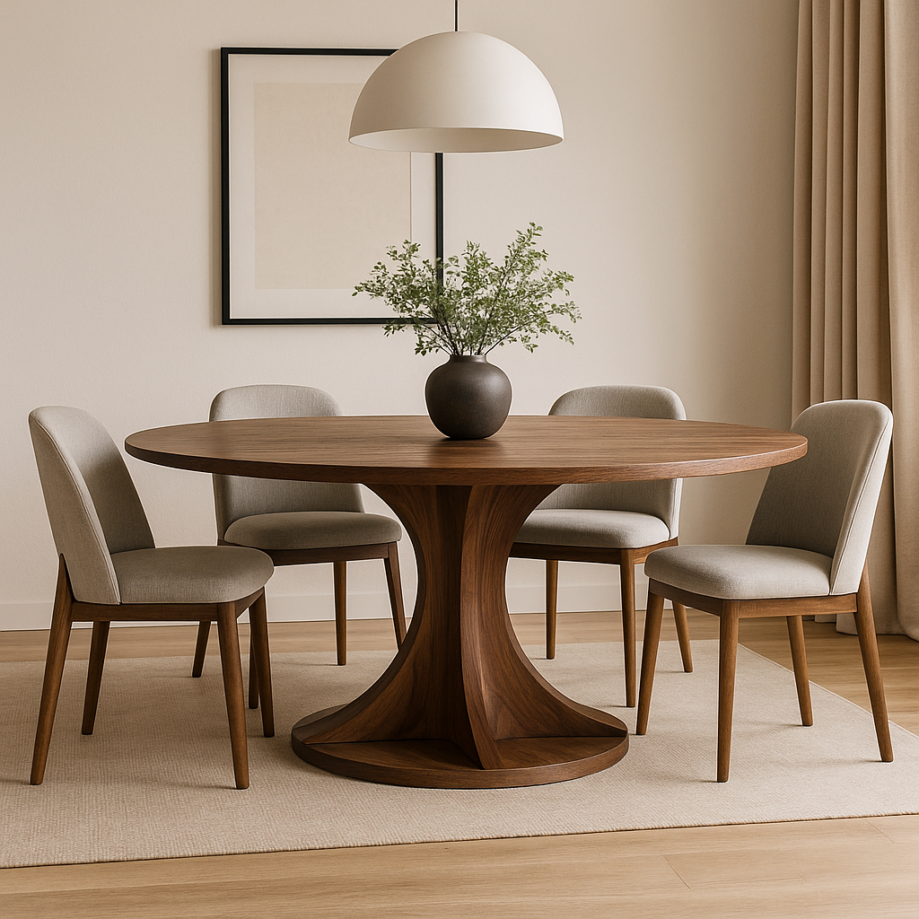Comedor contemporáneo con mesa redonda de cubierta clara y base circular de madera con franjas, rodeada de sillas tapizadas en gris claro sobre alfombra de yute.