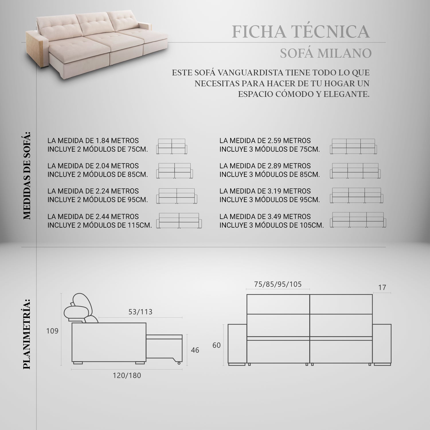 sofá retráctil y reclinable milano