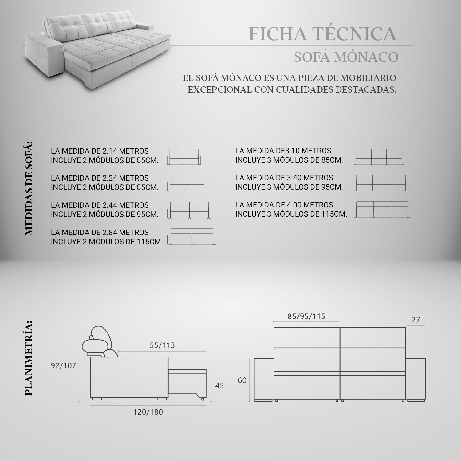 sofá retráctil y reclinable monaco