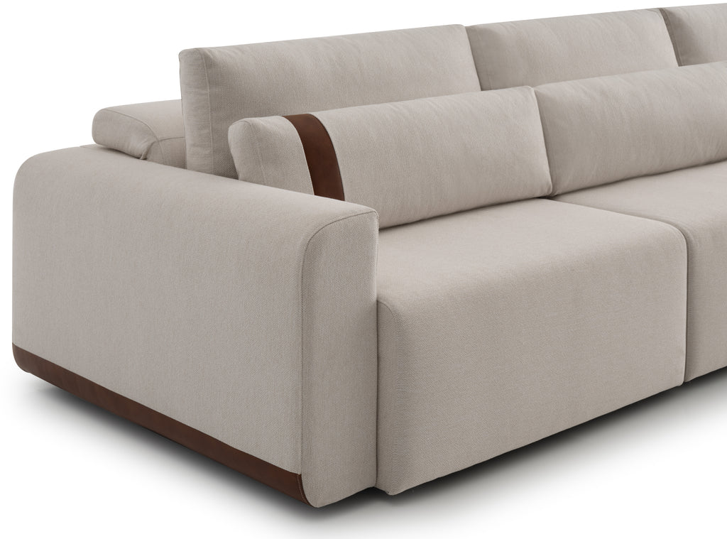 Sofa 3 cuerpos retractil y reclinable color beige con detalles en cuero - Sofa Rizzonte - Re Decora