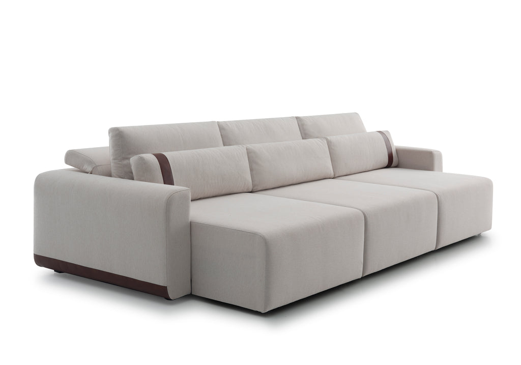 Sofa modular 3 cuerpos retractil y reclinable color beige con detalles en cuero - Sofa Rizzonte - Re Decora