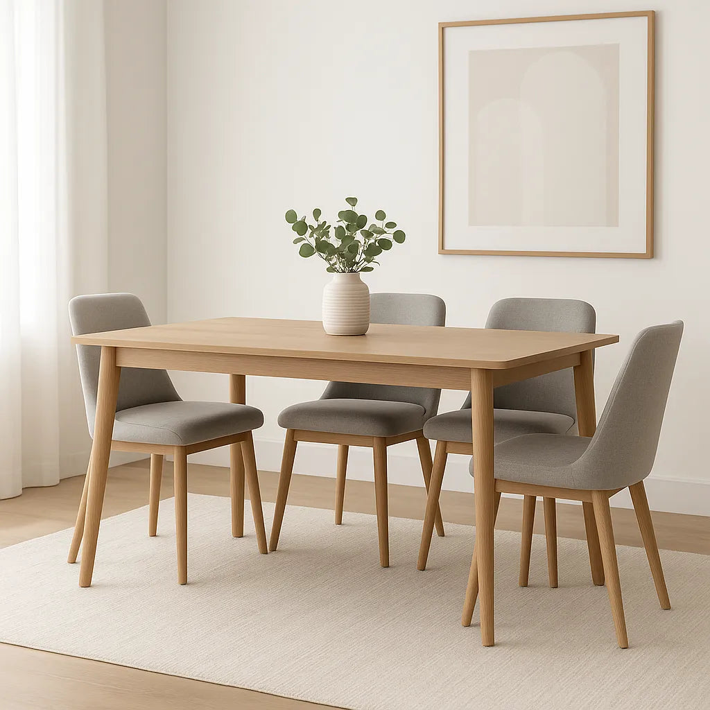 Comedor moderno minimalista con mesa de madera clara y sillas grises tapizadas en un espacio luminoso.