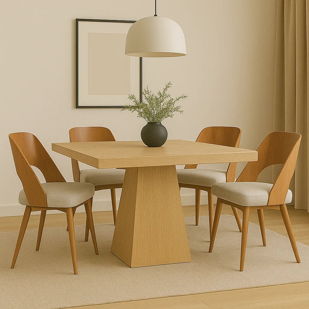Comedor moderno con mesa cuadrada de madera clara y sillas de madera curvada con respaldo abierto y asiento tapizado.