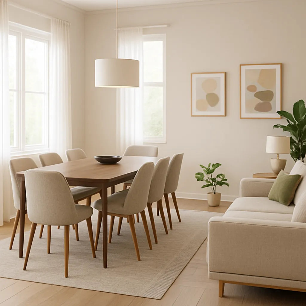 Sala y comedor integrados con paleta unificada en tonos neutros, muebles de madera clara y elementos decorativos en armonía.