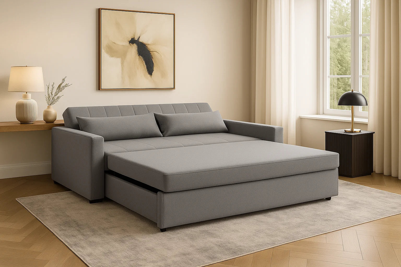 Sofá cama Málaga en sala moderna, extendido, con cojines grises, sobre alfombra beige y decoración minimalista