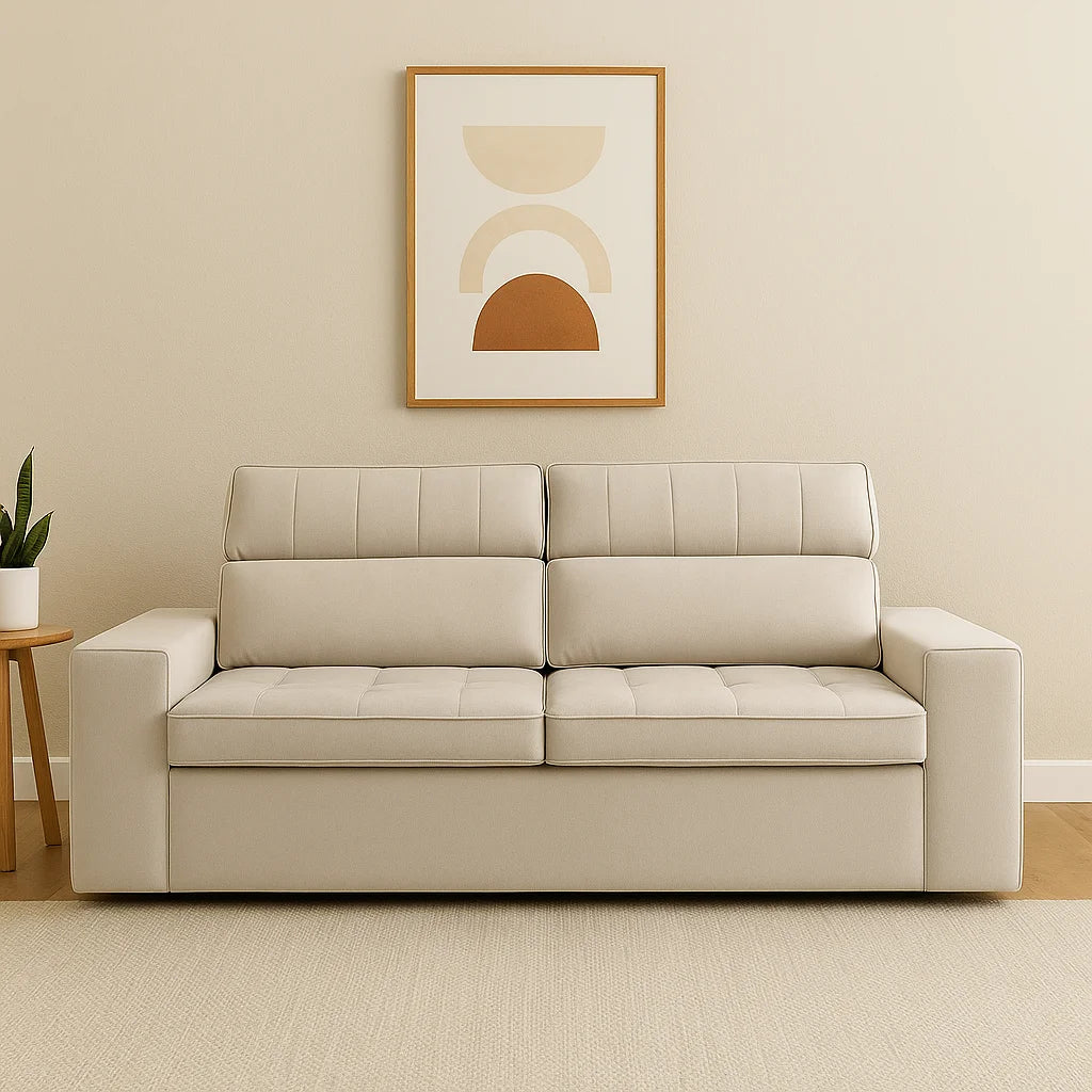 Sofá resistente sin patas visibles en ambiente moderno, ideal para salas de estilo elegante y funcional Sofá moderno beige sin patas visibles en una sala contemporánea con pared neutra, arte abstracto y mesa lateral con planta.