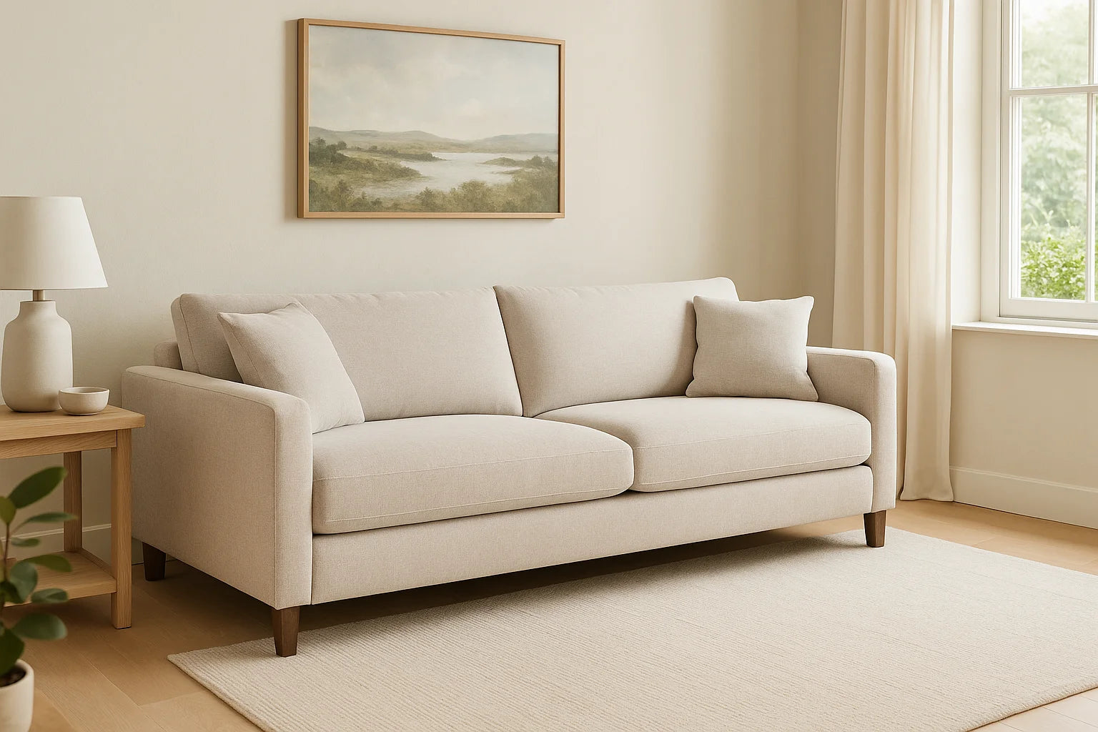 Cómo elegir un sofá ideal para una sala luminosa y moderna Sofá moderno beige en sala luminosa con decoración minimalista