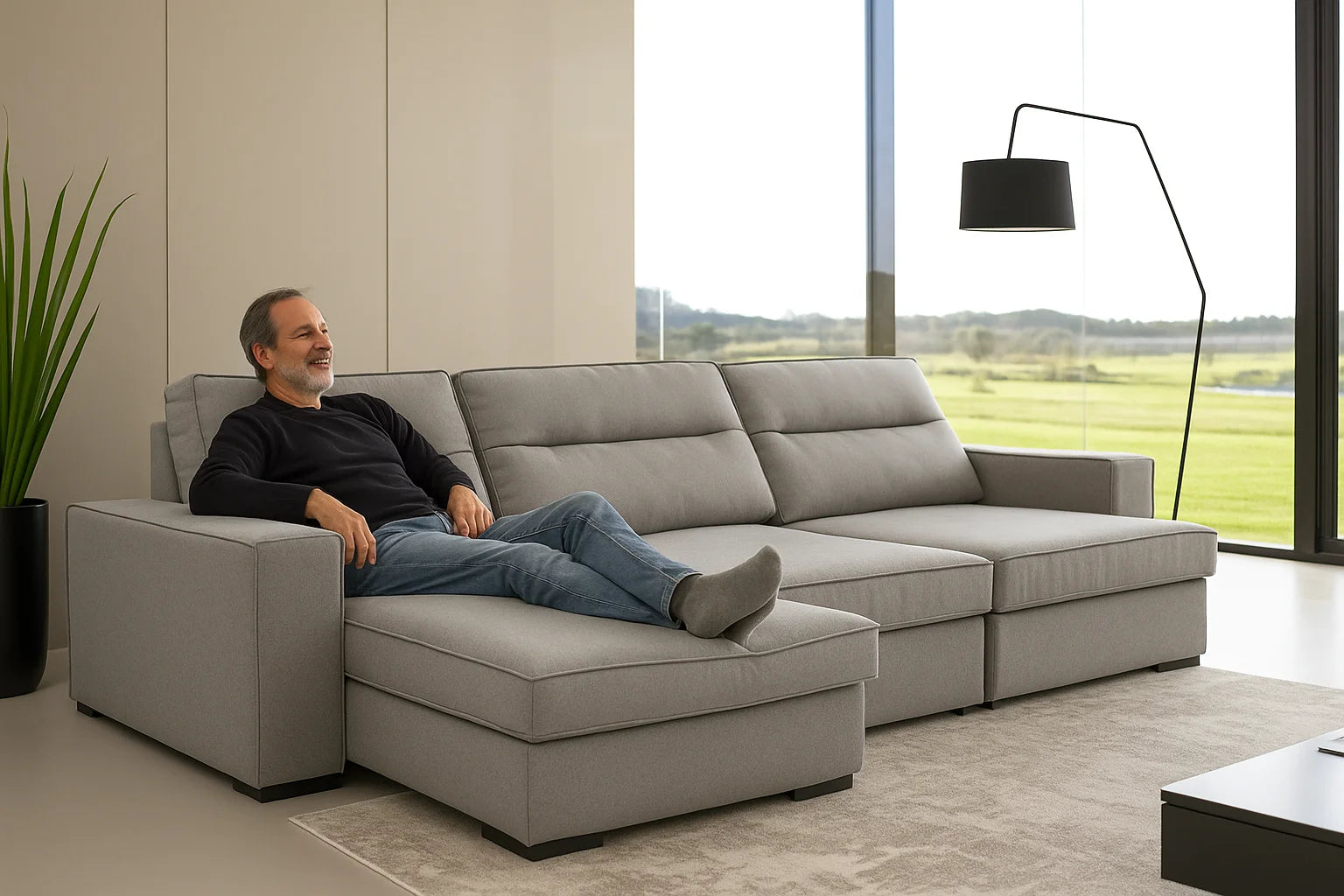 Sofá familiar Houston: amplio, moderno y perfecto para compartir en casa. Hombre relajado sobre sofá modular gris claro en sala moderna con ventanales amplios y decoración minimalista.