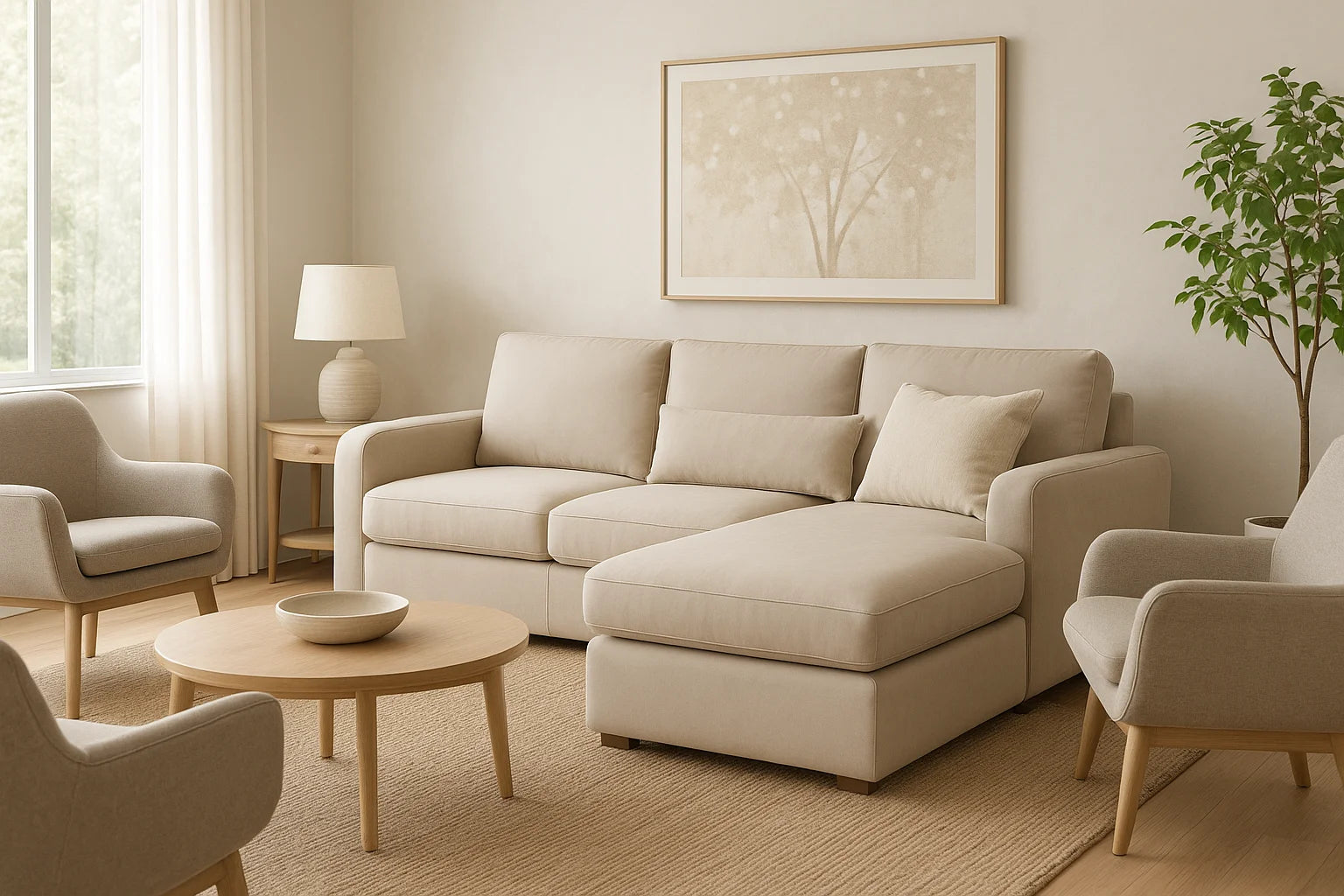 Sofá tipo chaise longue en sala moderna con poltronas y decoración cálida