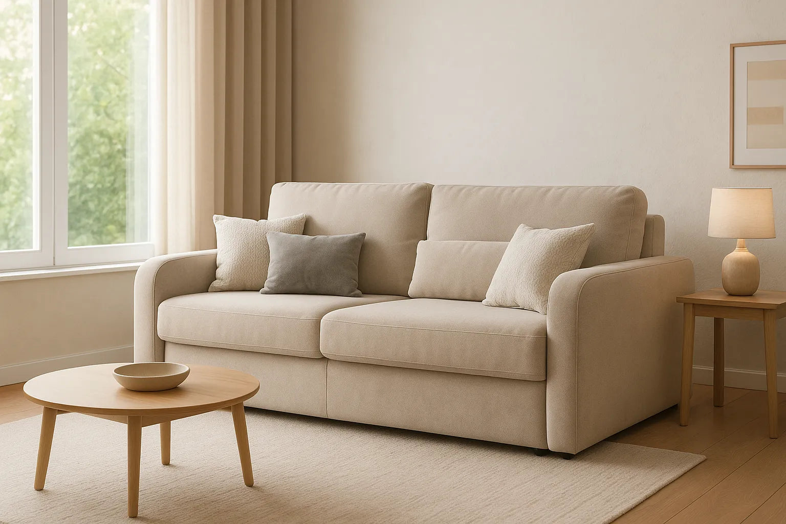 Sofá Zurich en sala moderna y acogedora con luz natural. Sofá Zurich beige en una sala luminosa, con decoración minimalista en tonos neutros y mesa de centro de madera clara.