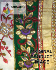 White Designer Wedding Partywear Pure Georgette Thread Stone Cutdana Gota Hand Embroidery Work Bridal Saree Sari With Blouse Piece H250