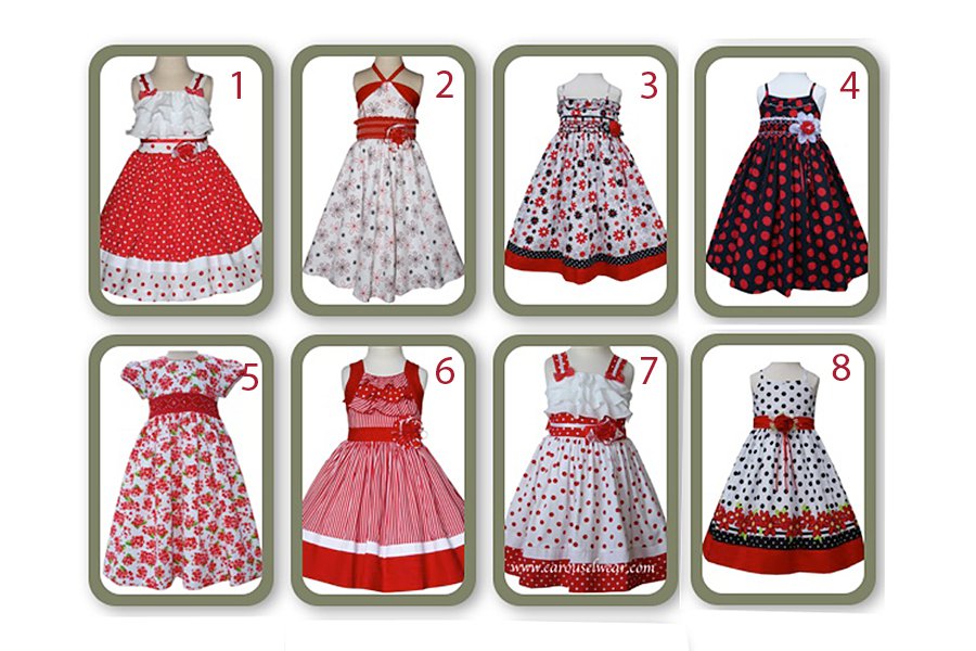 Girls red dresses with polka dots, stripes and ruffles