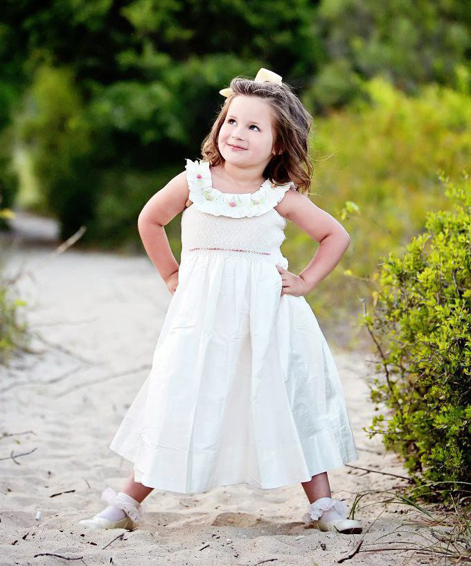 Flower Girls Off White Silk Dress with Smocking for a Special Occasion