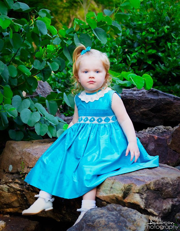 Heirloom Girls Silk Smocked Dress in Turquoise and Lace